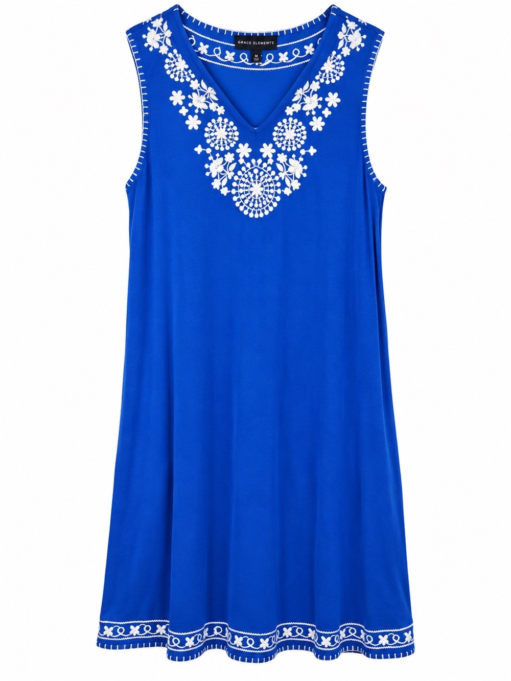 Grace Elements Blue White Floral Embroidered Sleeveless Dress Size M